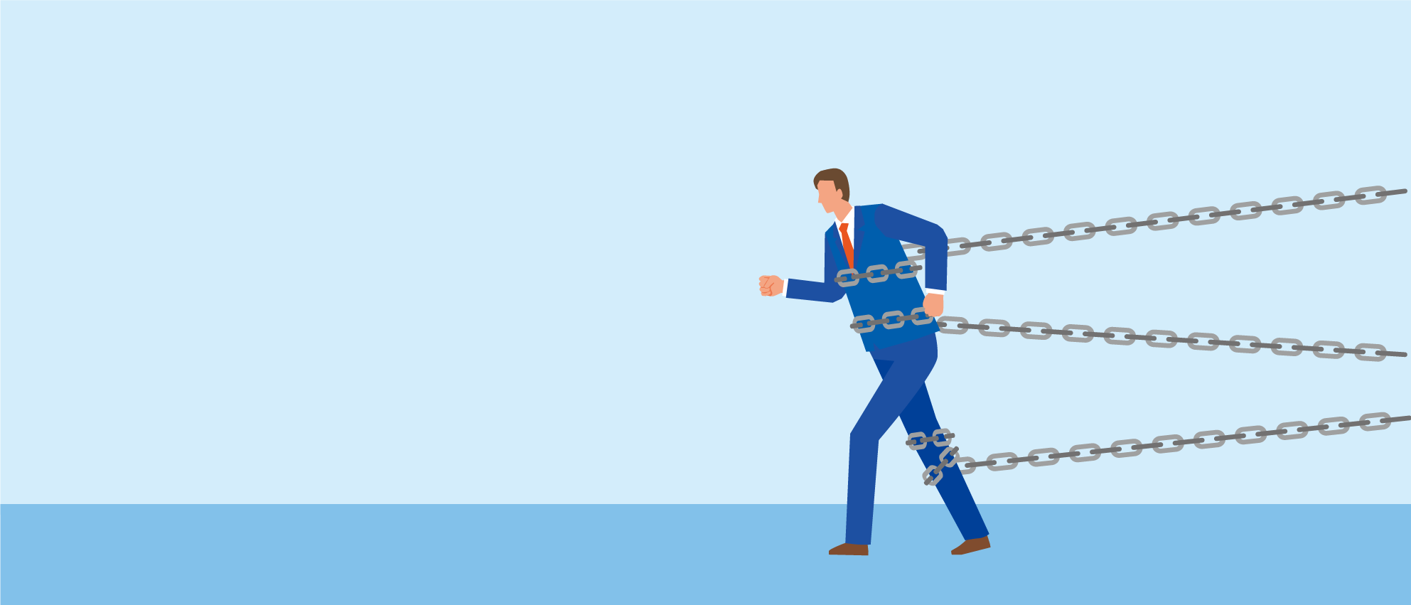 鎖に繋がれて歩きづらそうな会社員